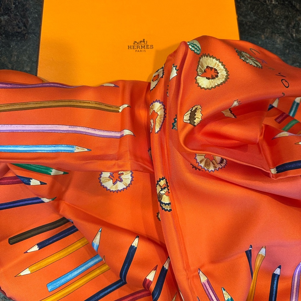 Hermes Orange Pencil Design Scarf (A Vos Crayons!) - Picture 1 of 3